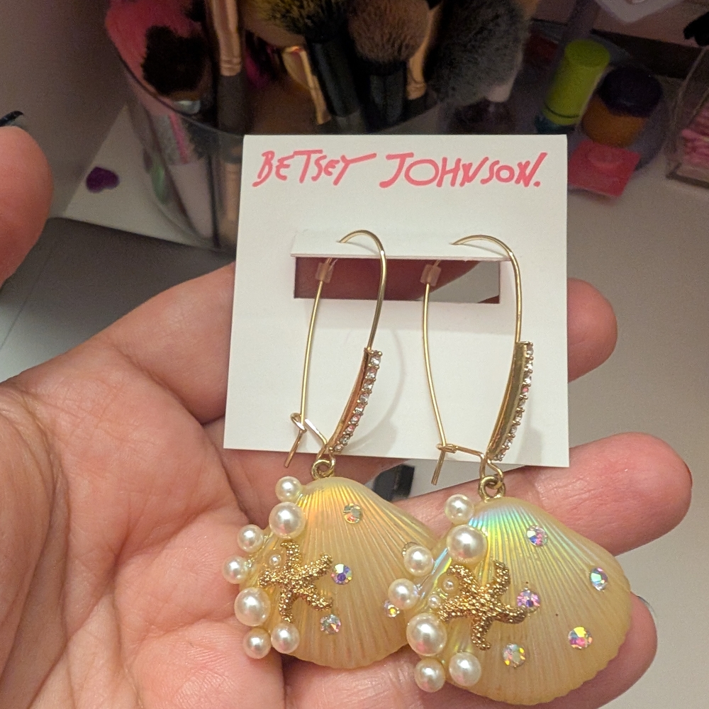 Betsey Johnson Gold Shell Earrings with Pearls and Crystals